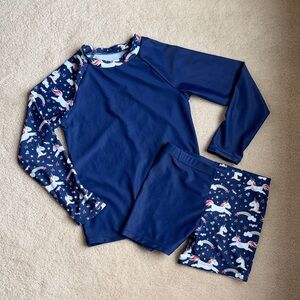 2 Piece Rash Guard Swimsuit Set Long Sleeve Unicorn Navy Blue Girls Size 4-5